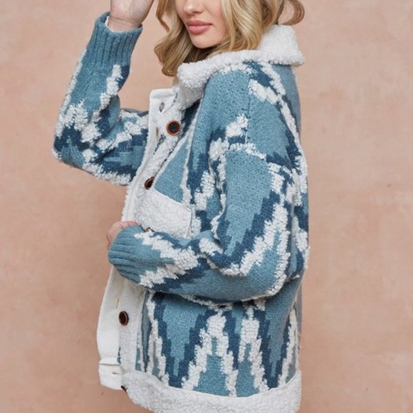 Shop_Fig Sweaters - New Quilted Cardigan Sweater Coat / Women's Shacket Blue Western Boho Jacket